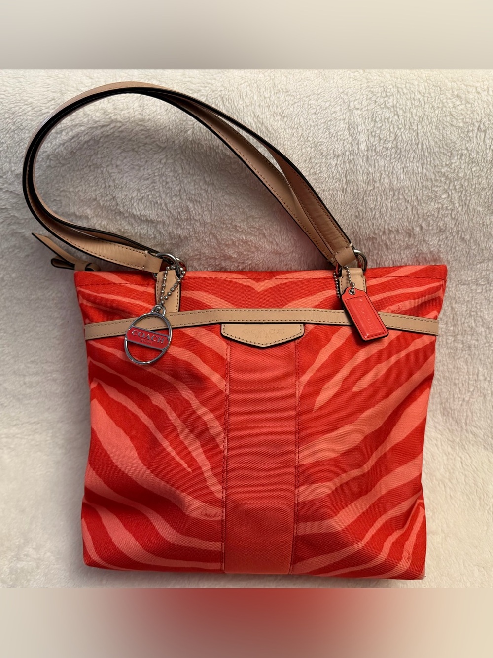 Coach Coral Orange Zebra Print Nylon Tote Bag Leather Trim Original Hangtags
